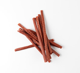 Meat Jerky Isolated, Dry Salted Chicken Slices, Small Pieces of Dehydrated Beef, Beer Snacks, Dried Pork