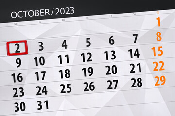 Obraz premium Calendar 2023, deadline, day, month, page, organizer, date, October, monday, number 2