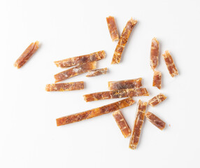 Fish Jerky Isolated, Dry Salted Seafood Snack, Hake Stockfish, Small Pieces of Dehydrated Pollock