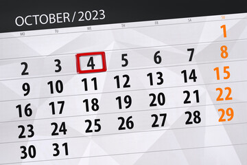 Obraz premium Calendar 2023, deadline, day, month, page, organizer, date, October, wednesday, number 4