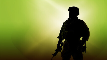 Fototapeta premium Soldier salute. Silhouette on sunset sky. War, army, military, guard concept.