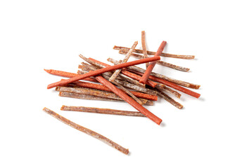 Fish Jerky Isolated, Dry Salted Seafood Snack, Hake Stockfish, Small Pieces of Dehydrated Pollock