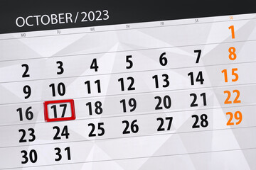 Obraz premium Calendar 2023, deadline, day, month, page, organizer, date, October, tuesday, number 17