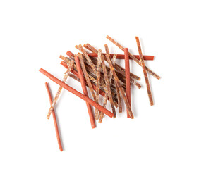 Meat Jerky Isolated, Dry Salted Chicken Slices, Small Pieces of Dehydrated Beef, Beer Snacks, Dried Pork