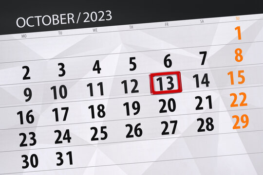 Calendar 2023, deadline, day, month, page, organizer, date, October, friday, number 13
