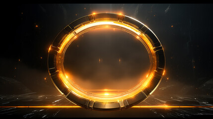 Exploding holographic disc with light bulbs, in the style of dark orange and gold, symmetric compositions, futuristic spacecraft,  orange sci-fi futuristic background.