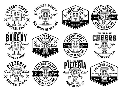 Food and drinks cartoon characters set of vector emblems, badges, labels or logos in monochrome style isolated on white background