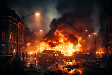 Pogroms and riots in night city. Broken cars on fire