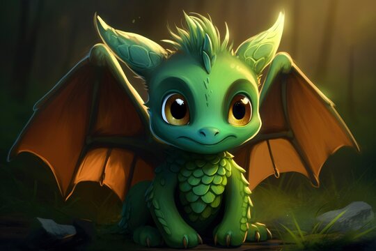 cute smile gragon sitting in the green forest nature
