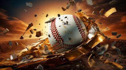 Cinematic baseball hitting the ground with many pieces of debris falling