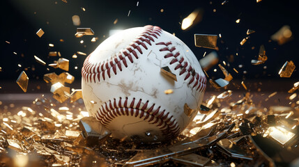 Cinematic baseball hitting the ground with many pieces of debris falling