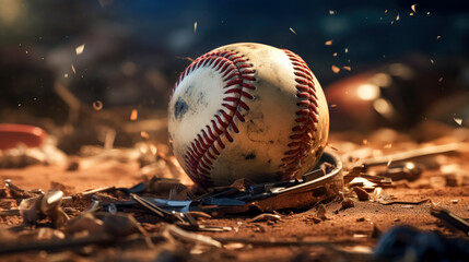 Fototapeta na wymiar Cinematic baseball hitting the ground with many pieces of debris falling