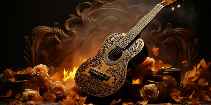 Akustik Gitarre im western Stil mit abstrakten feurigen Hintergrund in Querformat für Banner, ai, generativ