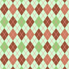 Brown, Pink and Green Argyle and Tartan Plaid Vector Pattern. Hipster Fashion Prints. Preppy Aesthetic Seamless Pattern. Shades of Brown, Pink and Green.
