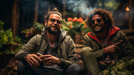 two men sitting on the ground smoking and smiling