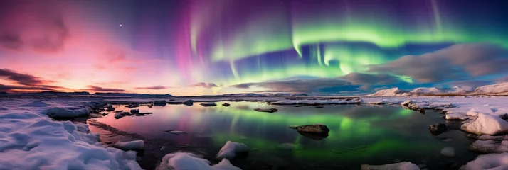 Papier Peint photo Lavable Réflexion A frozen tundra under Northern Lights, ethereal green and purple skies, icy surface reflecting colors