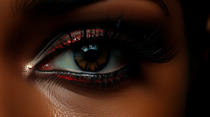  a woman's eye with a red and black make up