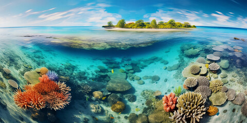 Obraz premium aerial view of a coral reef, vivid colors under crystal - clear waters, sunbeams penetrating the ocean