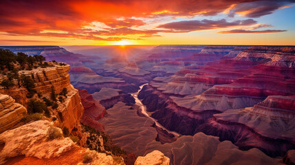Majestic sunset over the Grand Canyon, warm golden and orange hues, deep shadows revealing intricate textures
