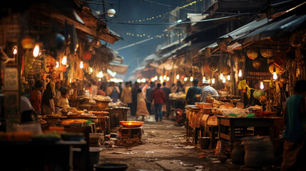 Night bazaar in a Southeast Asian city, photorealistic, vendors with colorful stalls, exotic foods, string lights, busy crowd