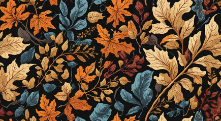 Autumn seamless pattern with different leaves and plants