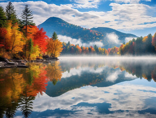 Scenic autumn vista, mountains covered in fall foliage, a tranquil lake reflecting the vibrant colors, misty morning