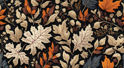 Autumn seamless pattern with different leaves and plants