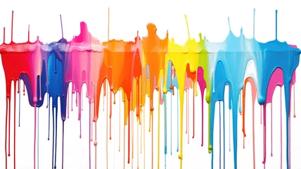 Foto op Canvas Rainbow colored paint dripping on white background. Banner with colored oil streaks © Lazy_Bear