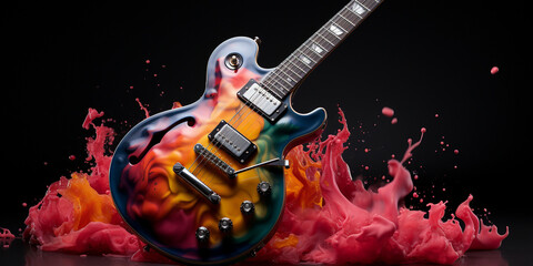 E-Gitarre in bunter Farbe mit abstrakten Rauch Hintergrund in Querformat für Banner, ai, generativ