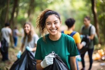 Junge Leute beim Einsammeln von Müll in der Natur. Plastik organisiert sammeln in der Freizeit. Umwelt reinigen.
