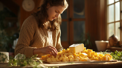 woman cooking pasta with cheese - obrazy, fototapety, plakaty