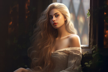 Ethereal medieval fantasy princess with flowing blond hair, gazing longingly from a castle tower window embraced by ivy, awaiting her prince in a tale of timeless romance. - obrazy, fototapety, plakaty