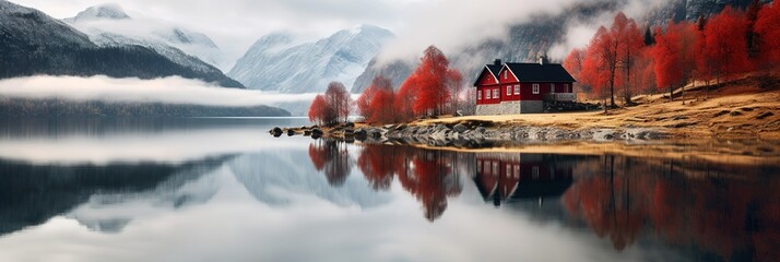 Breiter Banner mit einer Landschaft aus Norwegen im Herbst und Winter. Rotes Haus am See mit Spiegelung und Nebel. Hintergrund Beispiel für Ferienwohnungen in Norwegen und Schweden. - obrazy, fototapety, plakaty
