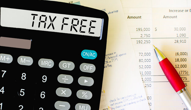 Calculator labeled TAX FREE. Manual calculation of tax-free percentage for services or products.