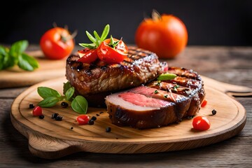 Perfectly grilled, thick fillet steak that's tender and juicy, accompanied by roasted vegetables and tomatoes, artistically arranged on a well-worn wooden platter.