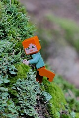 Obraz premium LEGO Minecraft toy figure of main character Alex climbing on forest rock densely covered with moss and lichen.