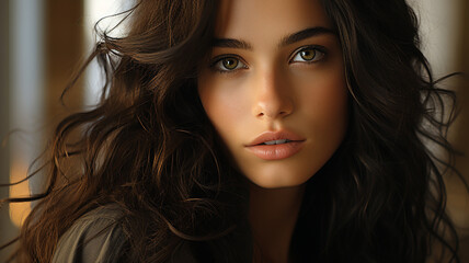 Naklejka premium close up of beautiful woman with long curly hair and eyes