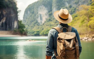 Young traveler wearing a hat with backpack hiking outdoor Travel Lifestyle and Adventure concept