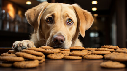 dog in the room with food. nova scotia ling tolretriever.