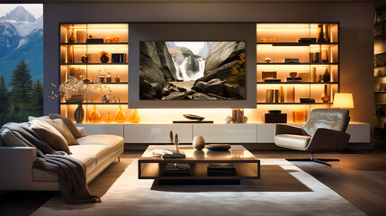 Sleek white entertainment centers with ambient lighting,
