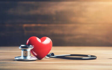 World health day,red heart and stethoscope on old wood table, copy space background for text,medical and healthcare business