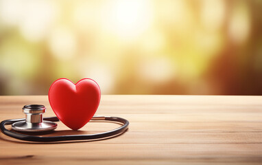 World health day,red heart and stethoscope on old wood table, copy space background for text,medical and healthcare business