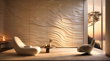 White textured wall panels with recessed lighting, - obrazy, fototapety, plakaty