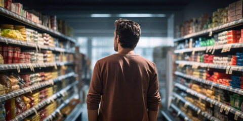 Rear reiw young man shopping in a supermarket, Customer in supermarket, generative ai