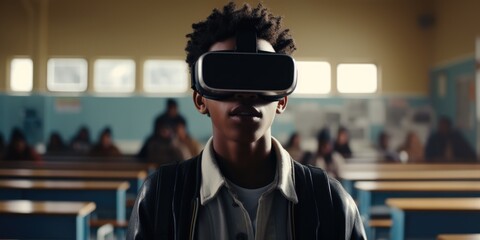 Smiling african american schoolboy wearing vr glasses while standing in classroom, virtual reality simulator, generative ai - obrazy, fototapety, plakaty