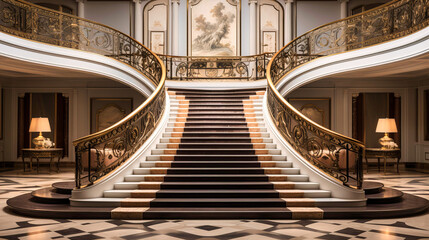 Marble staircases with contrasting railings, - obrazy, fototapety, plakaty