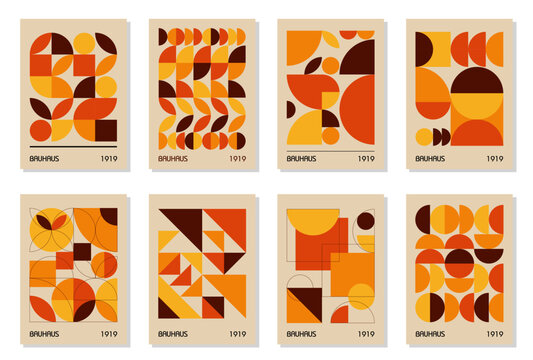 Set of 8 minimal autumn orange colors vintage 20s geometric design posters, wall art, template, layout with primitive shapes elements. Bauhaus pattern background, circle, triangle and square line art