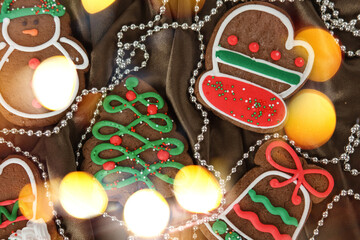 Banner for Christmas and New Year gingerbread. Christmas trees, toys, snowmen, garlands on a...