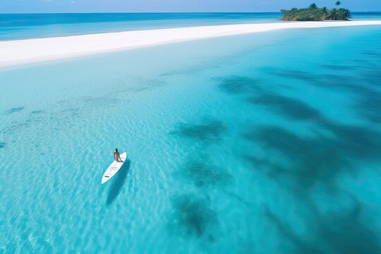 Aerial view of a woman paddleboarding on a beautiful tropical beach, Aerial view of a woman on a surfboard in the turquoise waters of the Maldives, AI Generated - Powered by Adobe