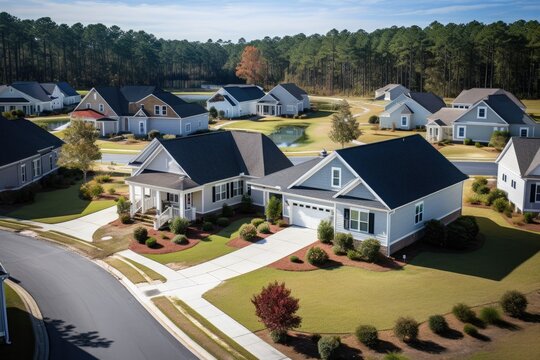 Aerial view of suburban neighborhood with single family houses in suburbs of Toronto, Canada, cul de sac at neighbourhood road dead end with built homes in South Carolina residential, AI Generated